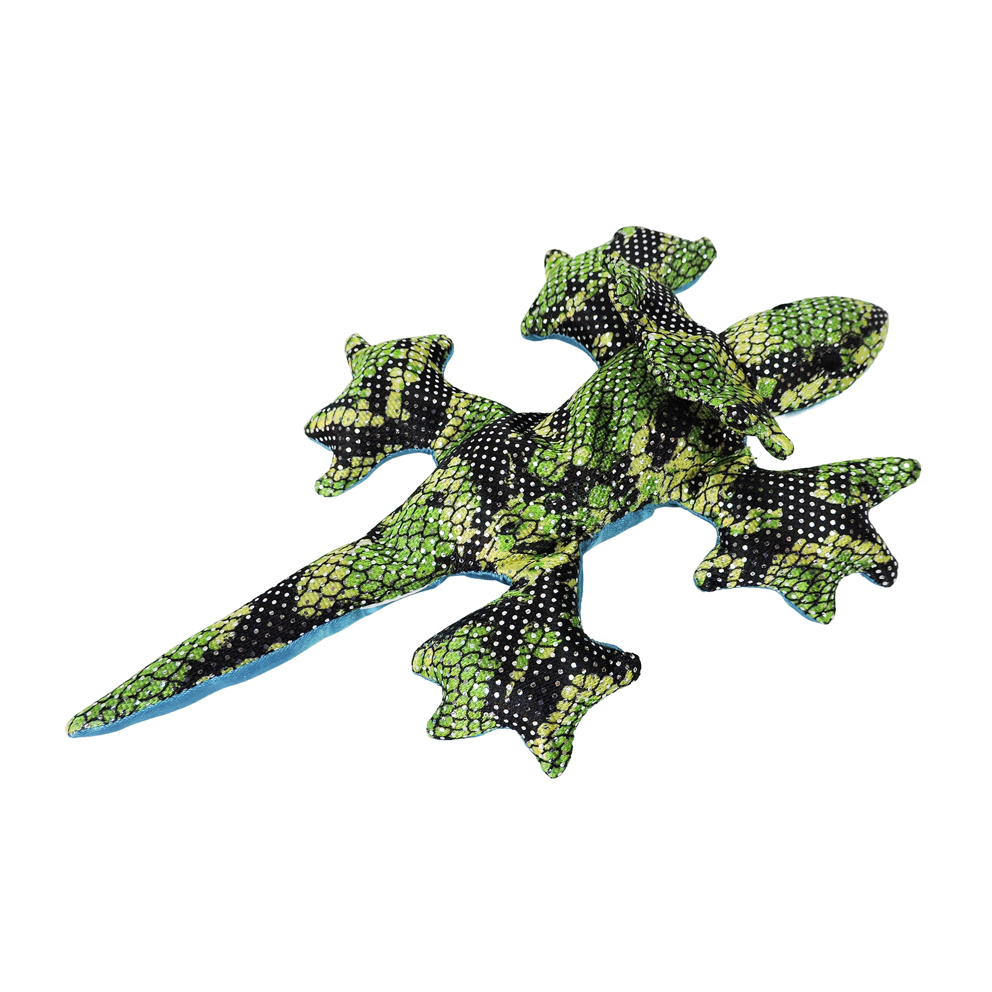 The Toysmith Sand Animals plush fidget toy by Toysmith features a lizard shape with green, yellow, and black scales, a light blue underside, four legs, and a long tail—perfect as a stress-reliever for reptile fans.