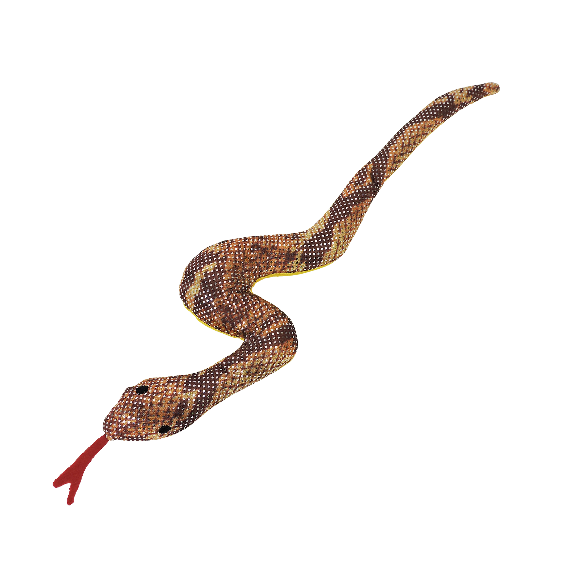 The Toysmith Sand Animals by Toysmith is a plush reptile toy snake featuring brown and yellow patterned scales, a red forked tongue, and black eyes—ideal as a stress-reliever or fidget toy, shown on a plain white background.