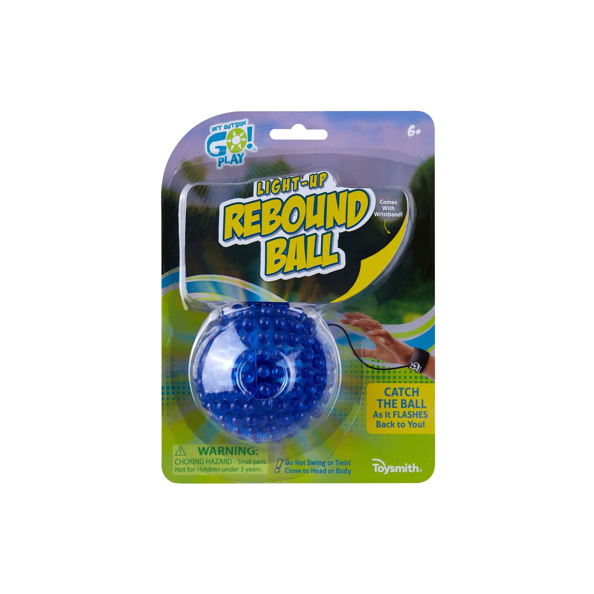 The GO! Play GO! Light-Up Rebound Ball is a glowing outdoor toy in plastic packaging, labeled for ages 6+ with a yellow choking hazard warning—ideal for backyard games as you catch the flashing ball.