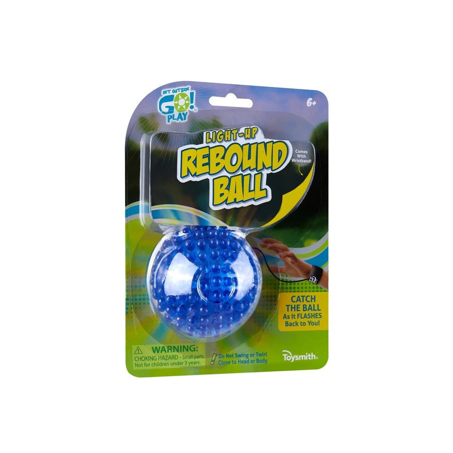 A blue GO! Light-Up Rebound Ball by GO! Play in clear packaging labeled “Light-Up Rebound Ball.” It glows as you play, features a hand holding the ball, brand logo, and warnings. For ages 6+. Great for backyard fun.