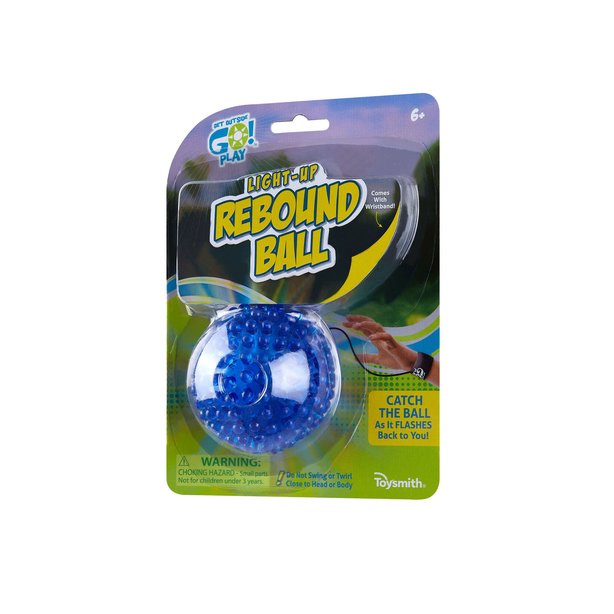 The GO! Play GO! Light-Up Rebound Ball, for ages 6+, flashes as it bounces back—great for outdoor fun and backyard games. Packaging reads "Catch the ball as it flashes back to you!" Warning: choking hazard.