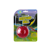 A packaged GO! Play GO! Light-Up Rebound Ball, glowing with red beads inside, is labeled for ages 6+. Packaging displays a hand holding the ball and encourages backyard games catching the flashing ball as it rebounds.