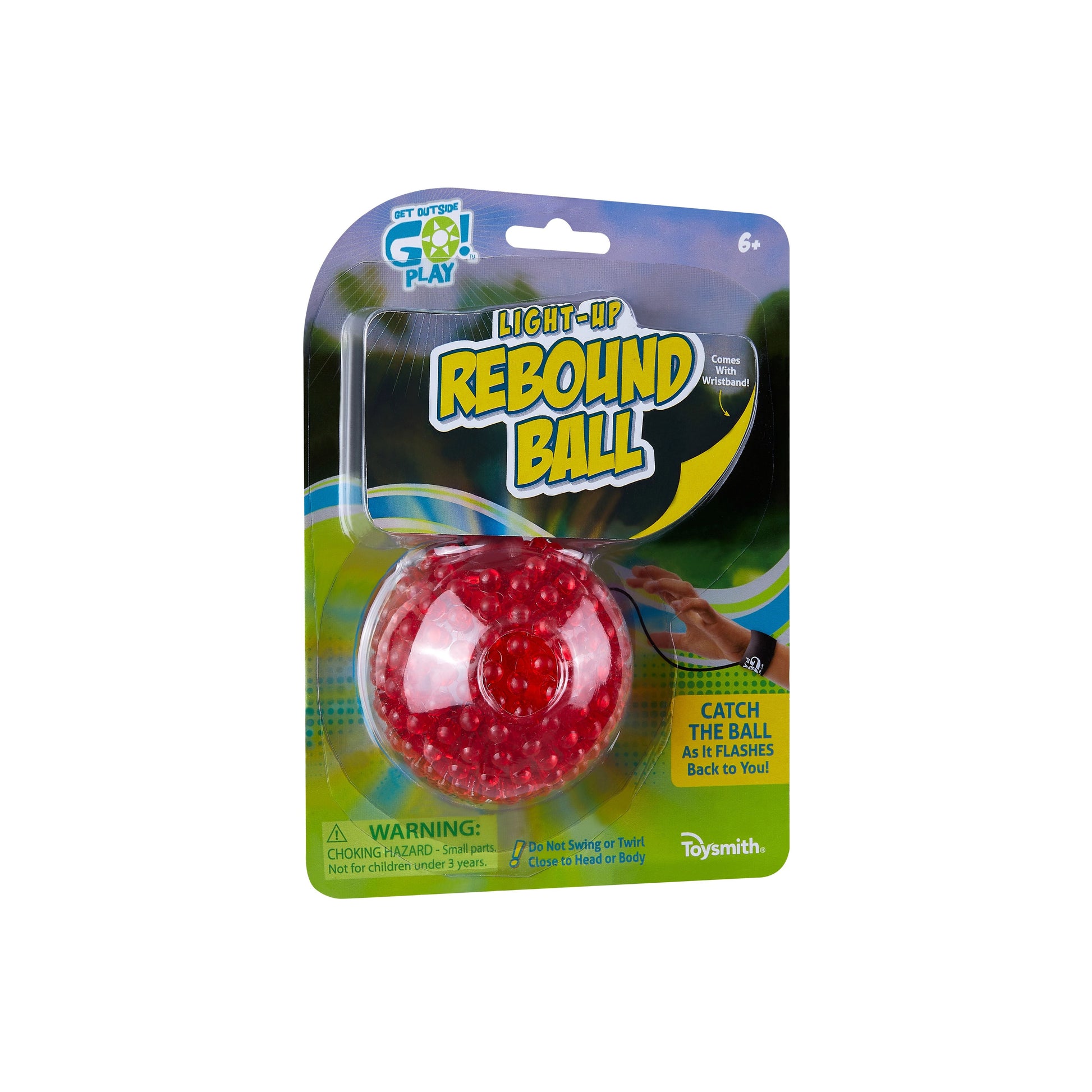 A packaged GO! Play GO! Light-Up Rebound Ball with red beads in a clear shell. The blue and green box says “Catch the ball as it flashes back to you!” and warns about small parts. Ideal for backyard games.