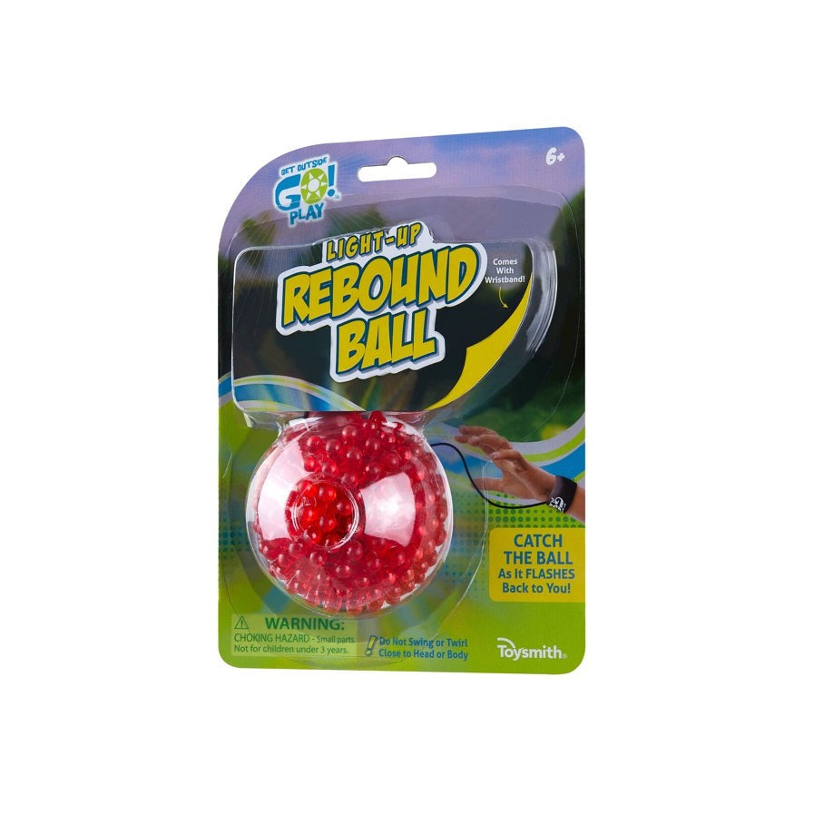 The GO! Play GO! Light-Up Rebound Ball features a red spiky ball on a wrist strap that lights up and bounces back when caught—great for outdoor fun. Suitable for ages 6 and up.