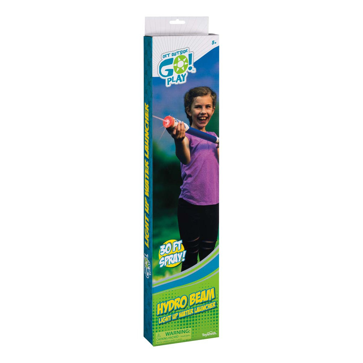 A rectangular GO! Play Hydro Beam Water Launcher box shows a smiling child with the toy. The packaging reads GO! Play Hydro Beam Water Launcher and highlights 30 FT SPRAY! with blue and green graphics.