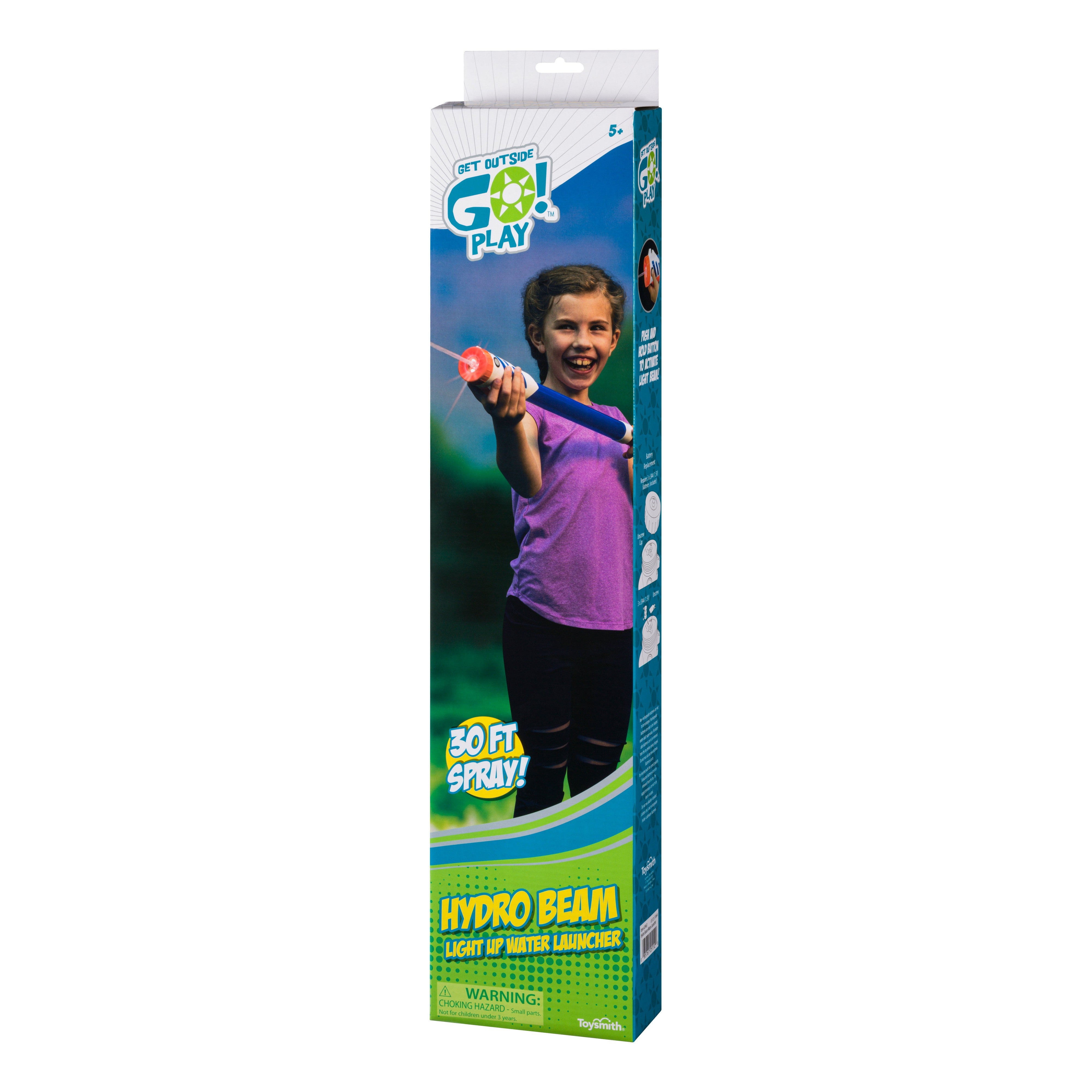 A product box features a smiling child with a bright pink and orange water launcher. Perfect for backyard fun, the packaging reads Go! Play Promo ($1,071.60 Retail Value) and is branded GO! Play.