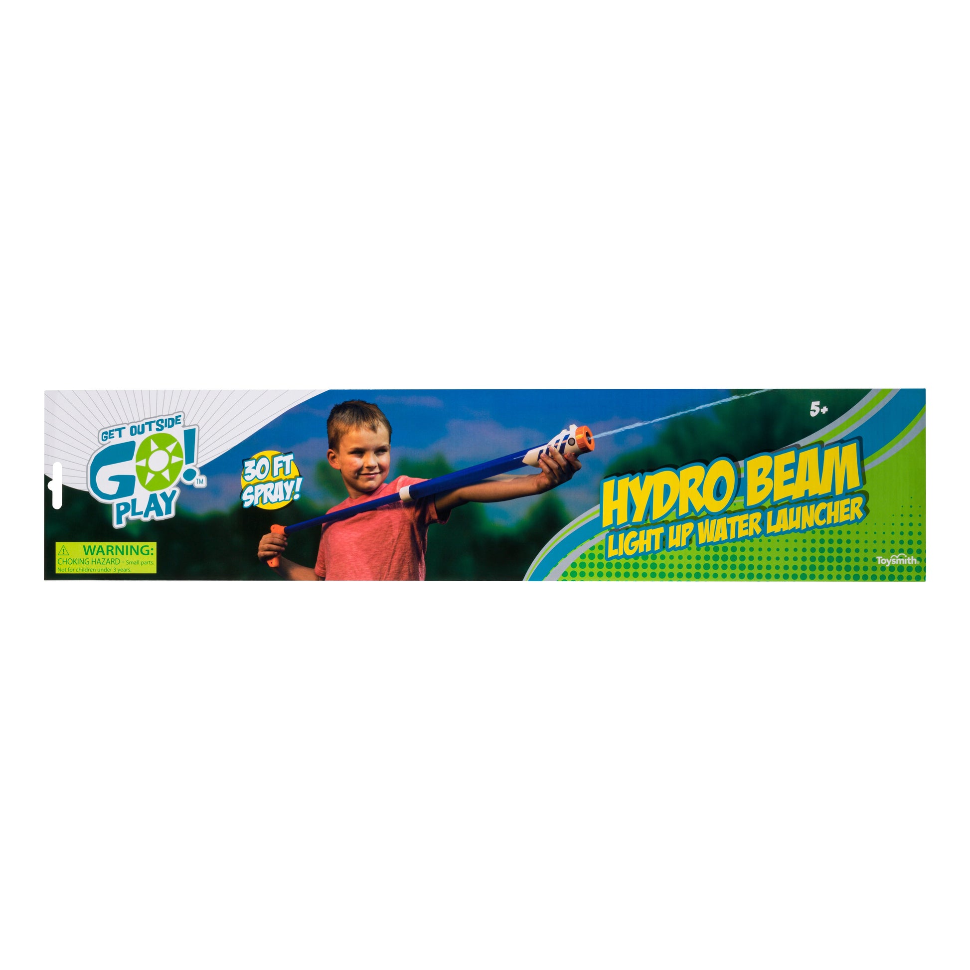A young boy aims the GO! Play Hydro Beam Water Launcher outdoors. Packaging reads “Get Outside! Go Play. GO! Play Hydro Beam Water Launcher. 30 ft spray!” Perfect pool toy for ages 5+.