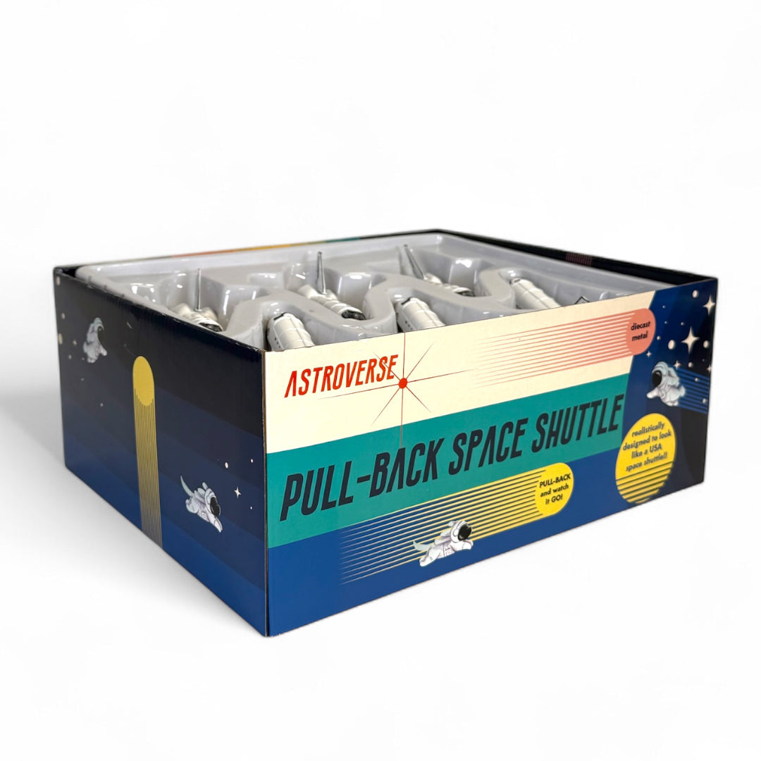 The Astroverse Pull Back Space Shuttle features 5-inch shuttles modeled after classic USA designs, showcased in clear packaging with colorful retro space-themed graphics and the Astroverse branding.