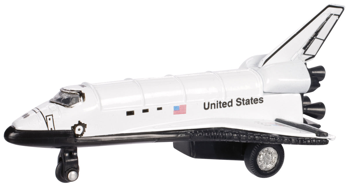 The Astroverse Pull Back Space Shuttle is a detailed 5-inch diecast model with a white body, U.S. and flag decals, black accents, three rear engines, and landing gear—ideal for collectors or space fans.