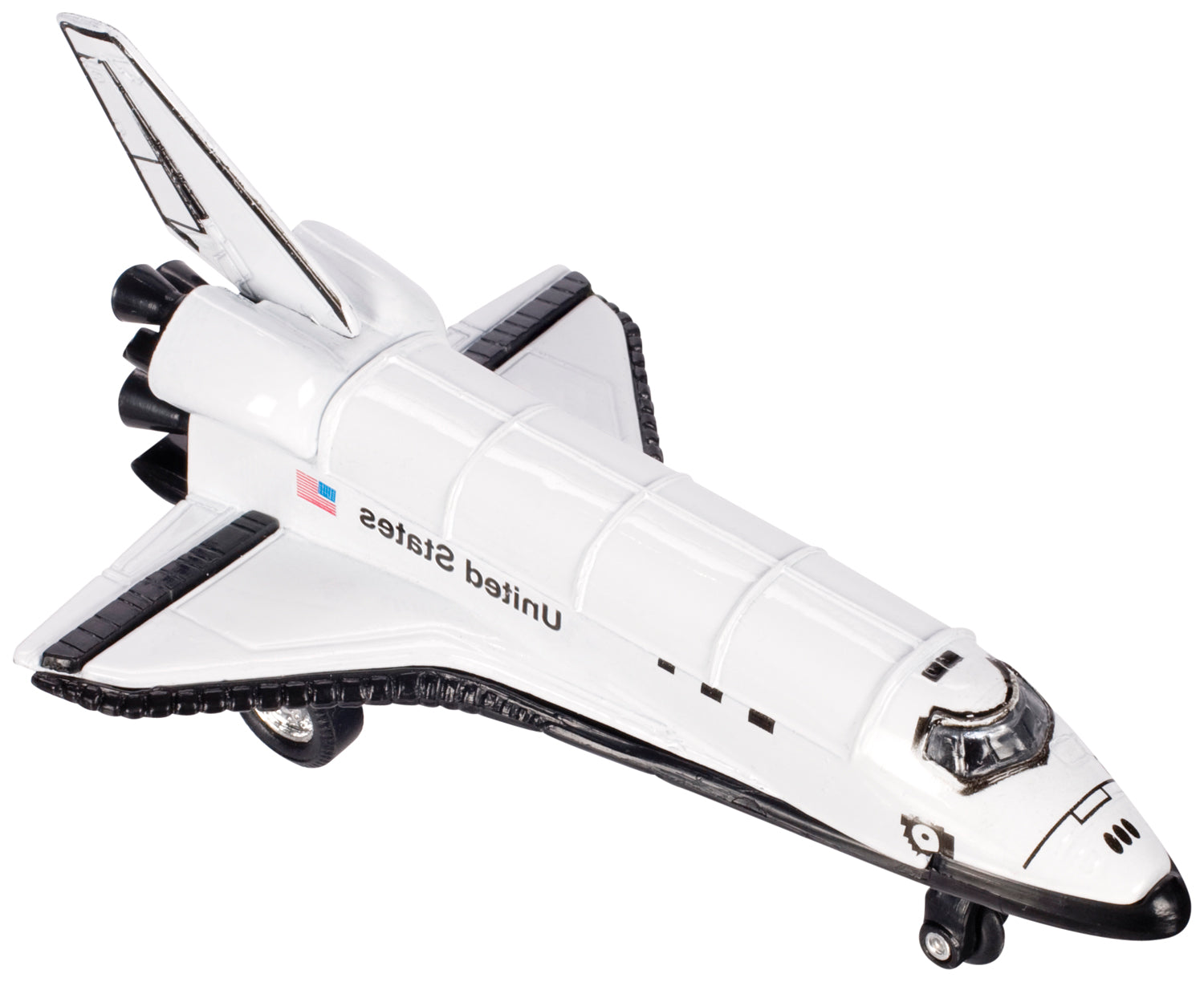 The Astroverse Pull Back Space Shuttle by Astroverse is a white plastic 5-inch toy with "United States" and an American flag on the side, shown on its wheels against a plain white background.