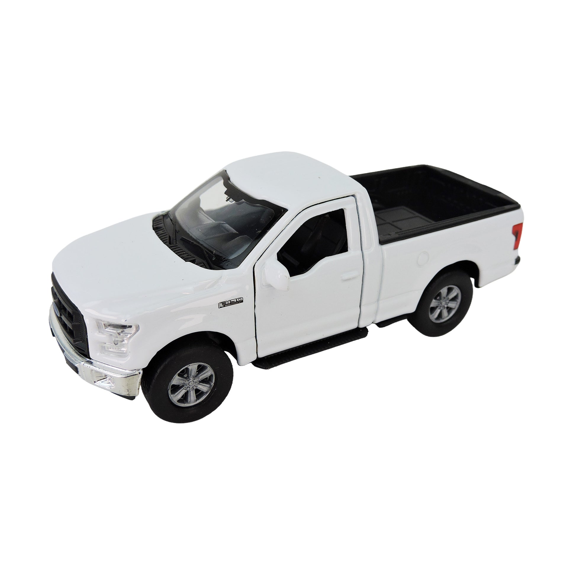 The Toysmith Diecast Ford F-150 is a white toy pickup truck featuring black interior and details, shown from an angled front view against a white background.