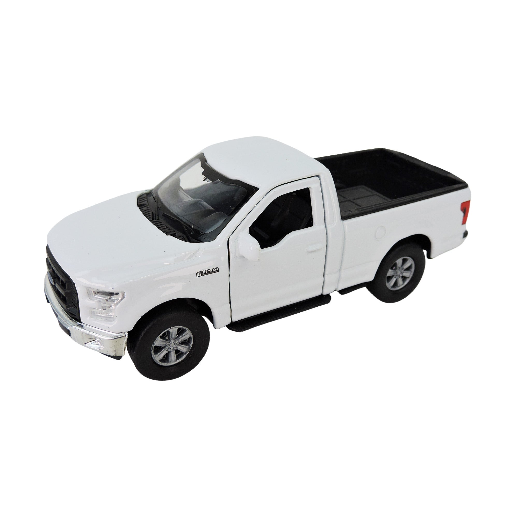 The Toysmith Diecast Ford F-150 is a white toy pickup truck featuring black interior and details, shown from an angled front view against a white background.