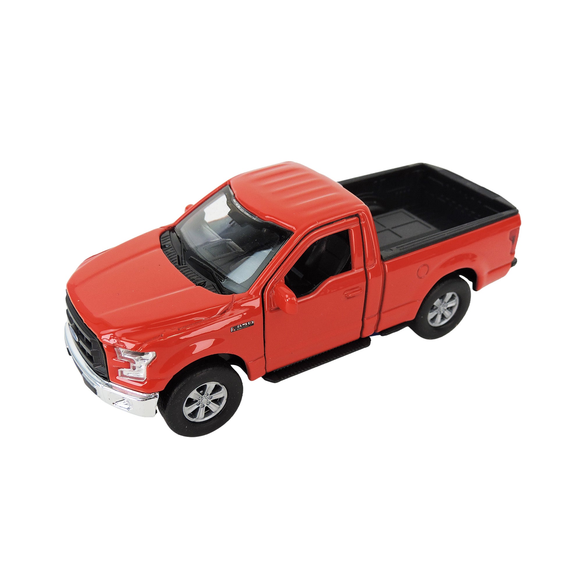 The Toysmith Diecast Ford F-150 is a red toy pickup truck featuring a black bed and silver details, shown at an angled top view against a white background.