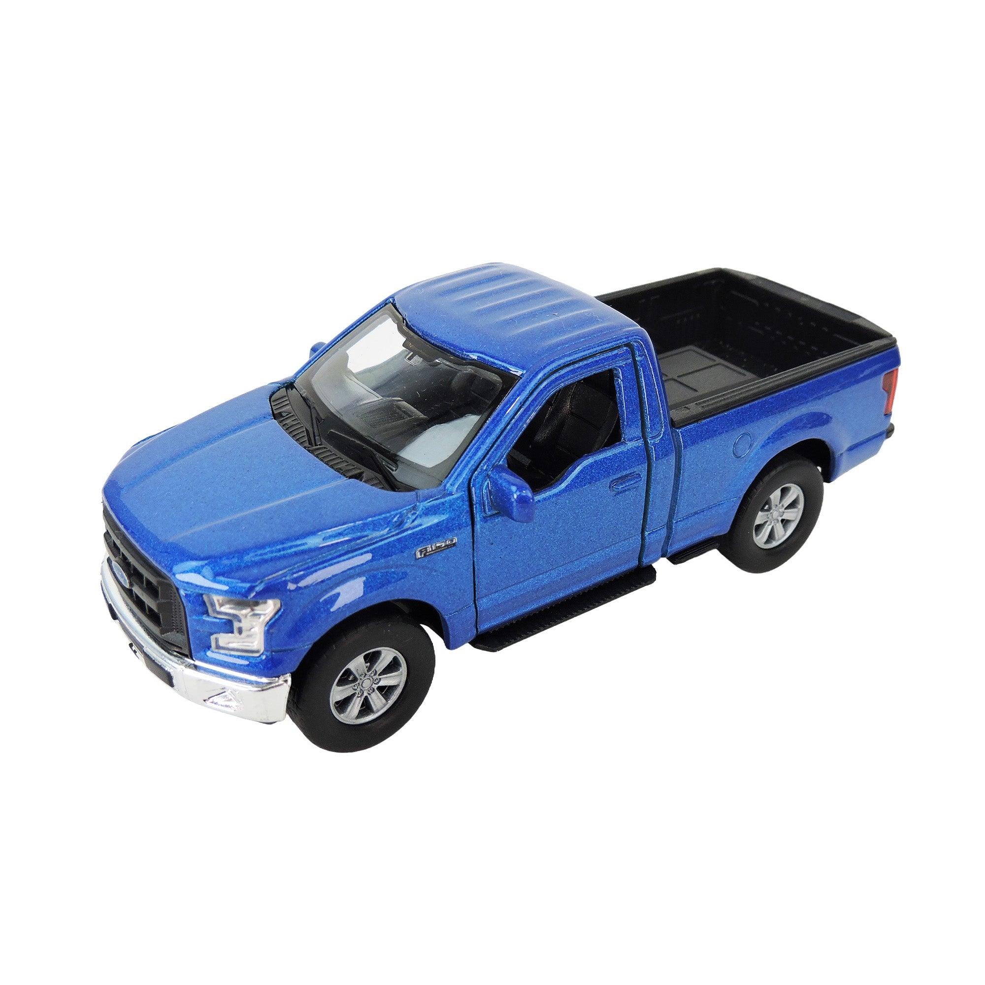 The Toysmith Diecast Ford F-150 is a blue toy pickup truck with black details and silver accents, shown from a front-side angle on a white background.