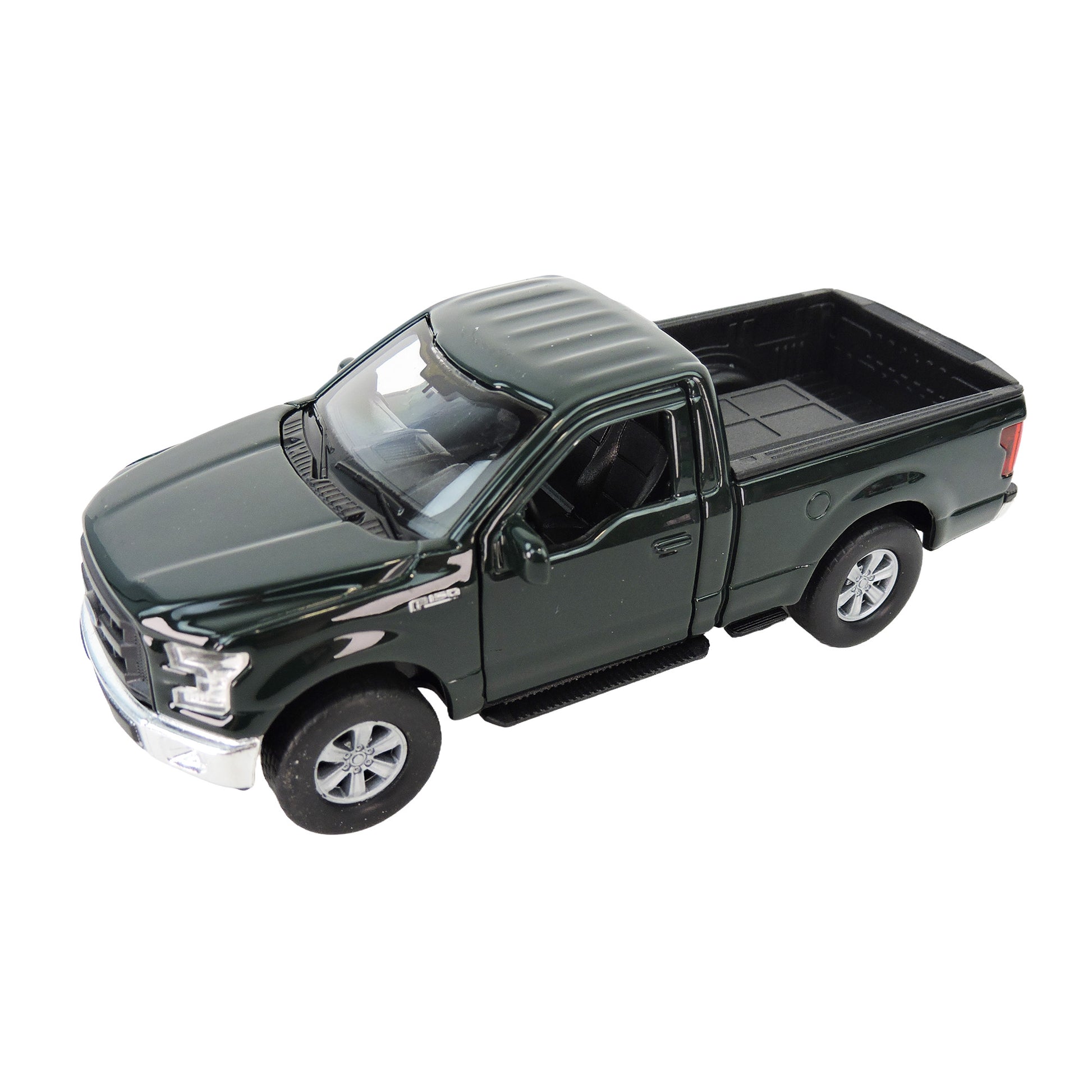 The Toysmith Diecast Ford F-150 is a dark green four-door pickup toy truck with silver wheels, shown from a front-side angle on a white background.