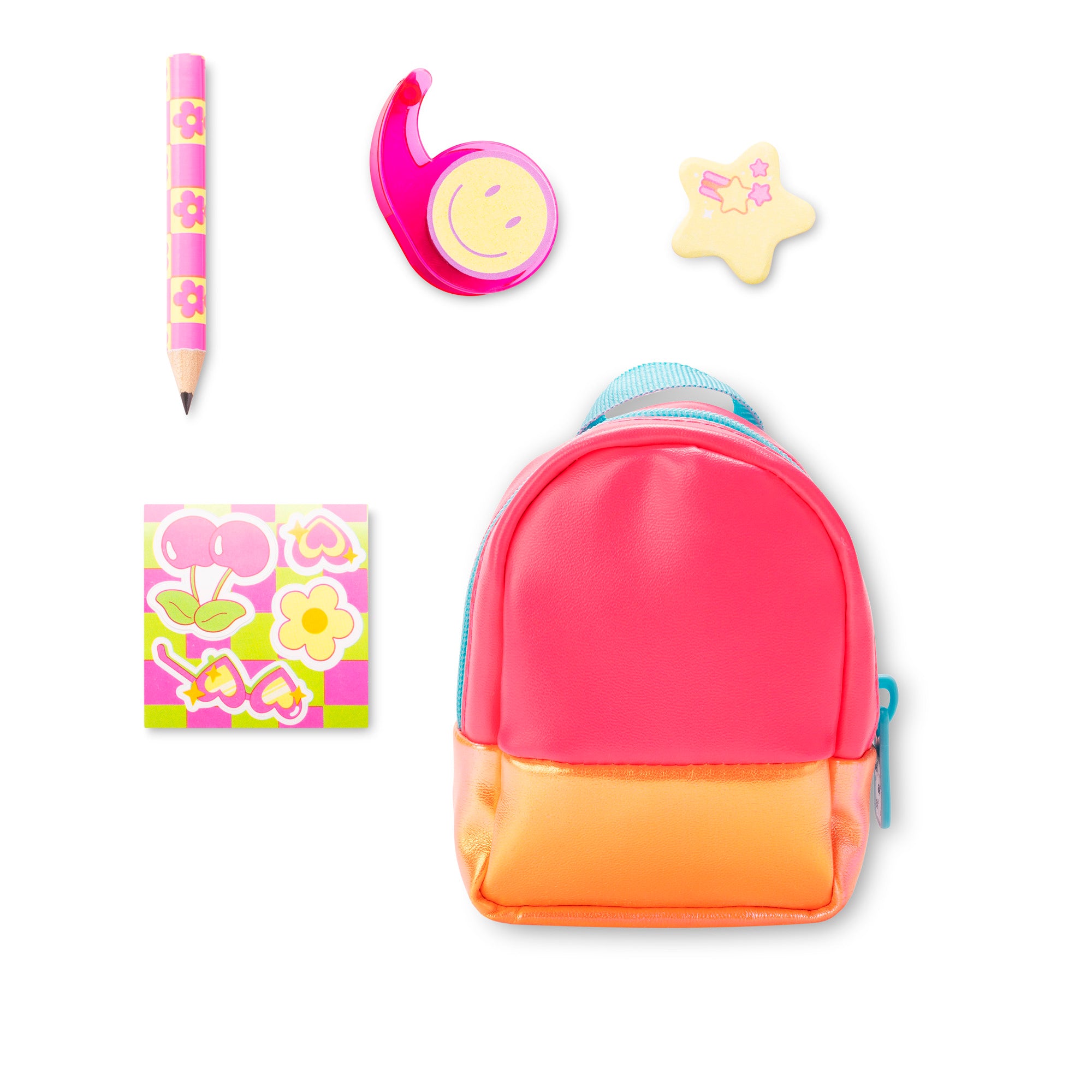 Colorful backpack with stationery items on a white background