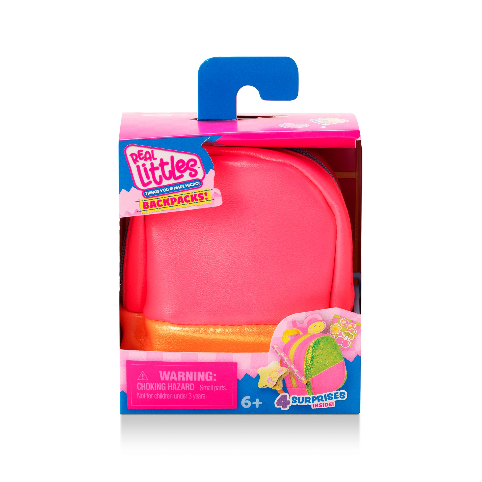 Pink toy backpack in packaging with 'Real Littles' branding on a white background