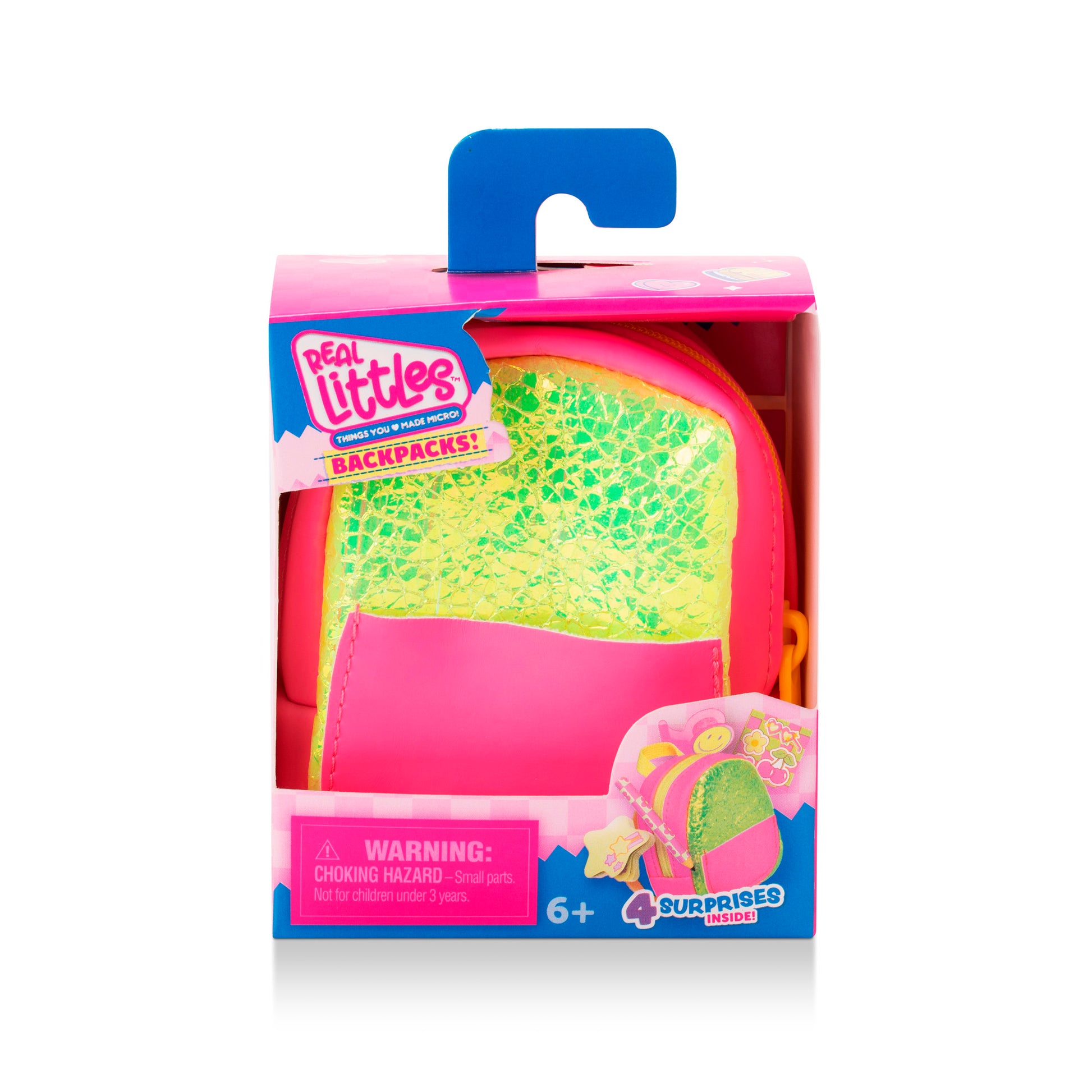Packaged pink and yellow backpack with 'Real Littles' branding on a white background