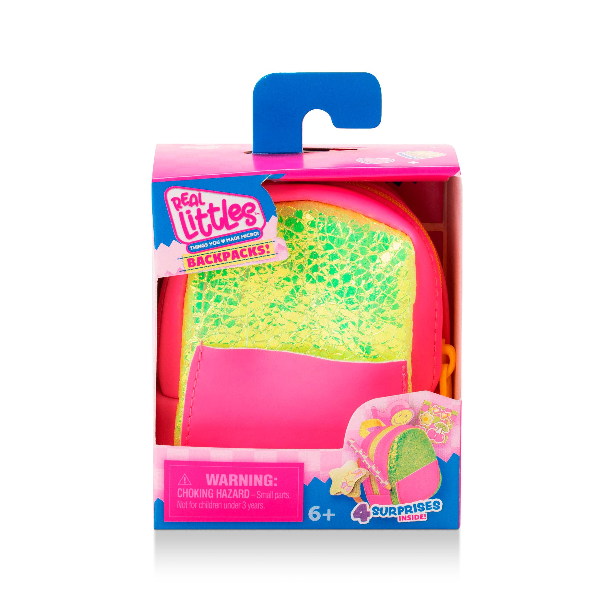 Packaged pink and yellow backpack with 'Real Littles' branding on a white background
