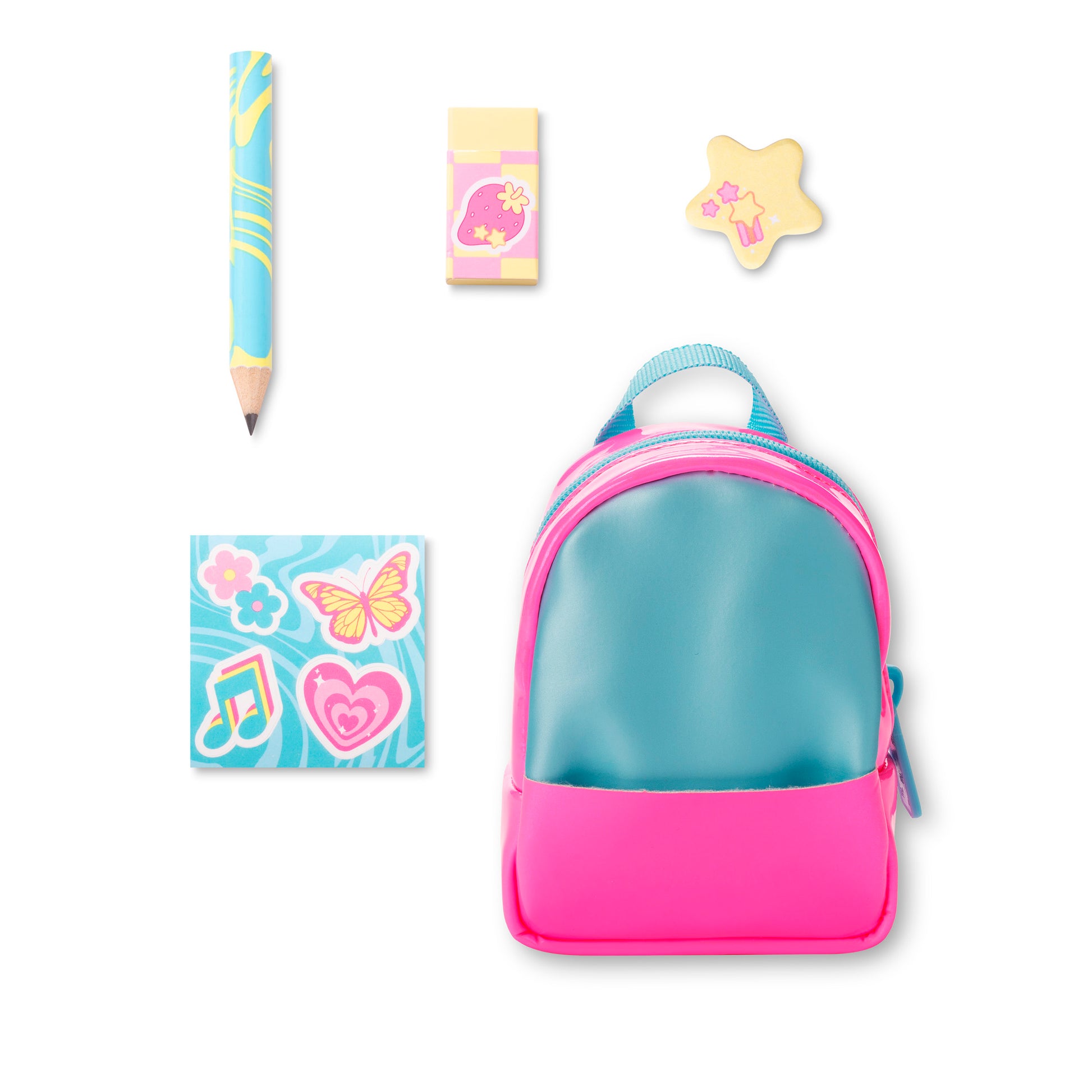 Pink and blue backpack with stationery items on a white background