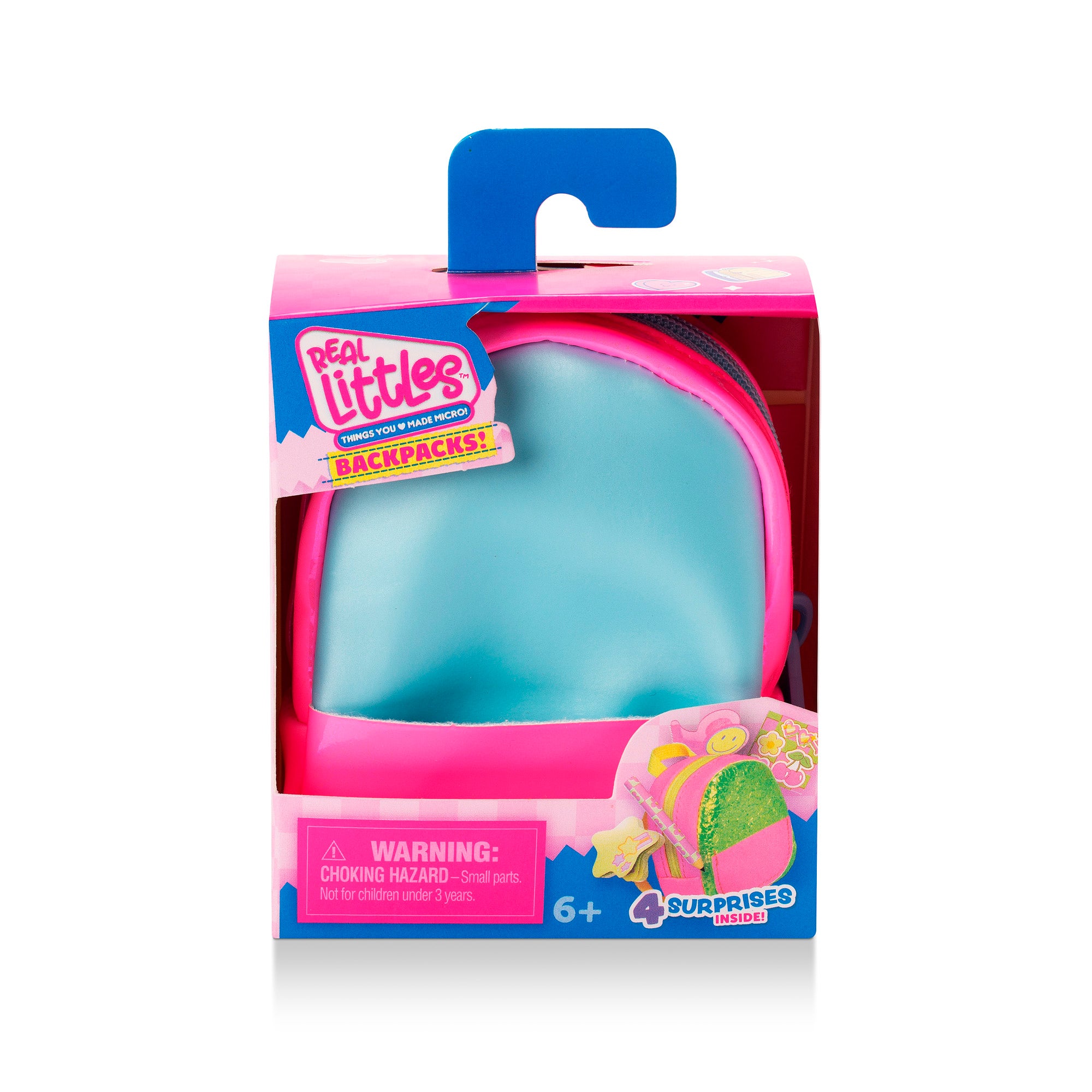 Packaged toy backpack with pink and blue design on a white background