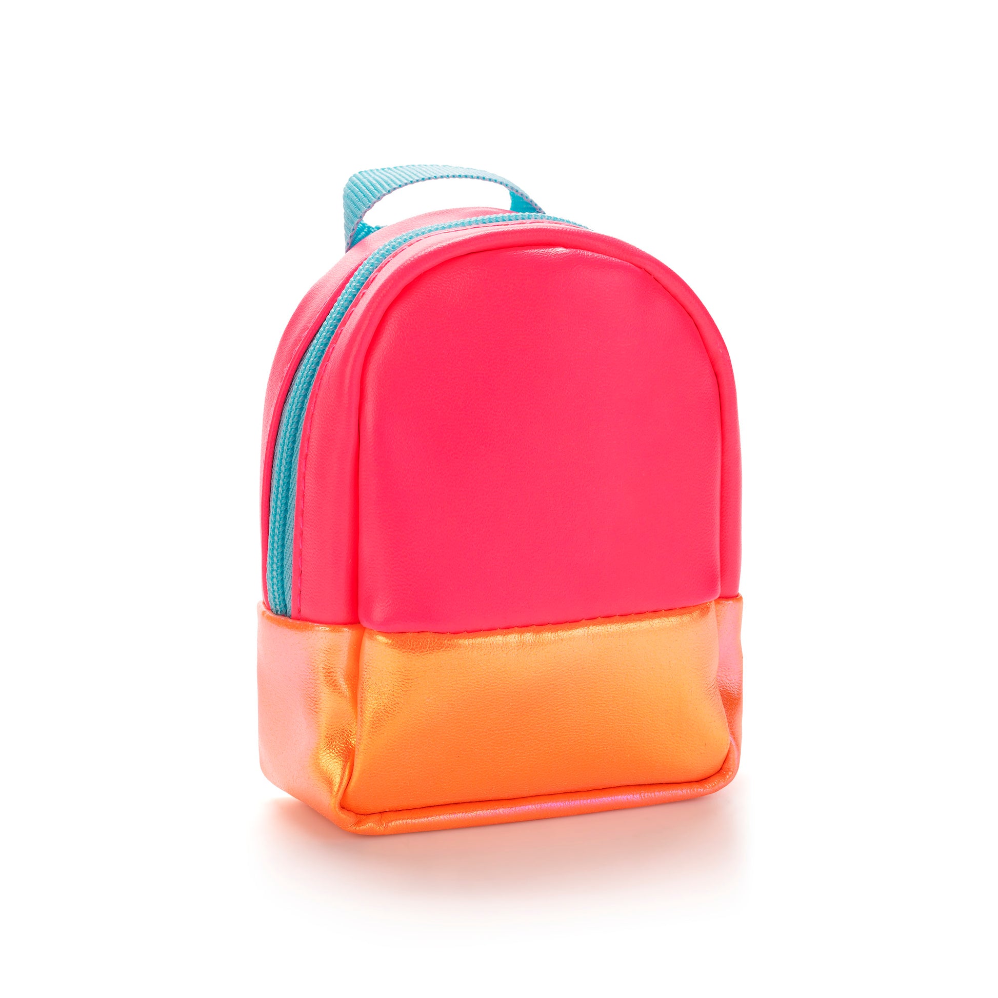 Colorful backpack with pink top and orange bottom on a white background
