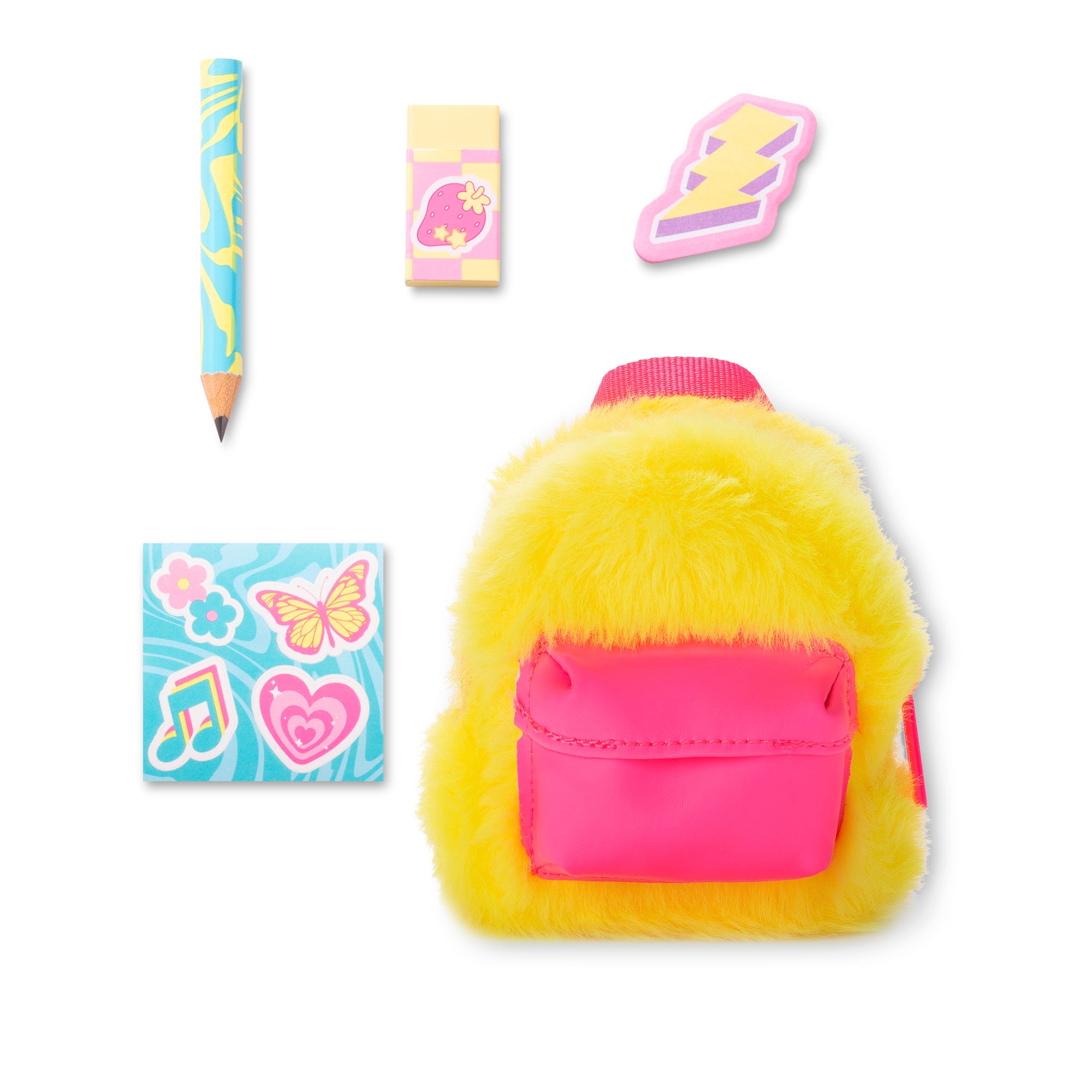 Yellow plush backpack with pink accents, pencil, eraser, and stickers on a white background