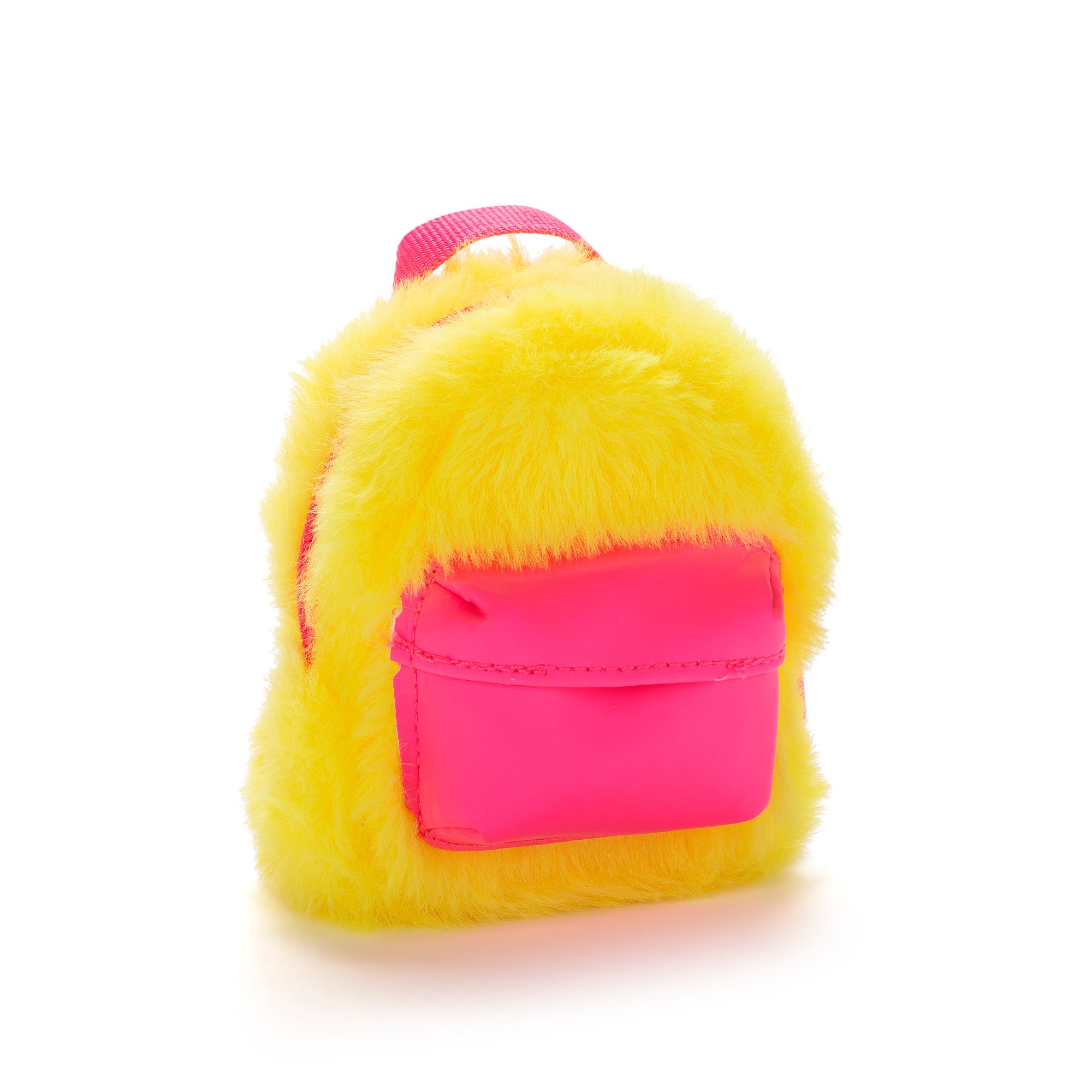 Yellow plush backpack with pink accents on a white background