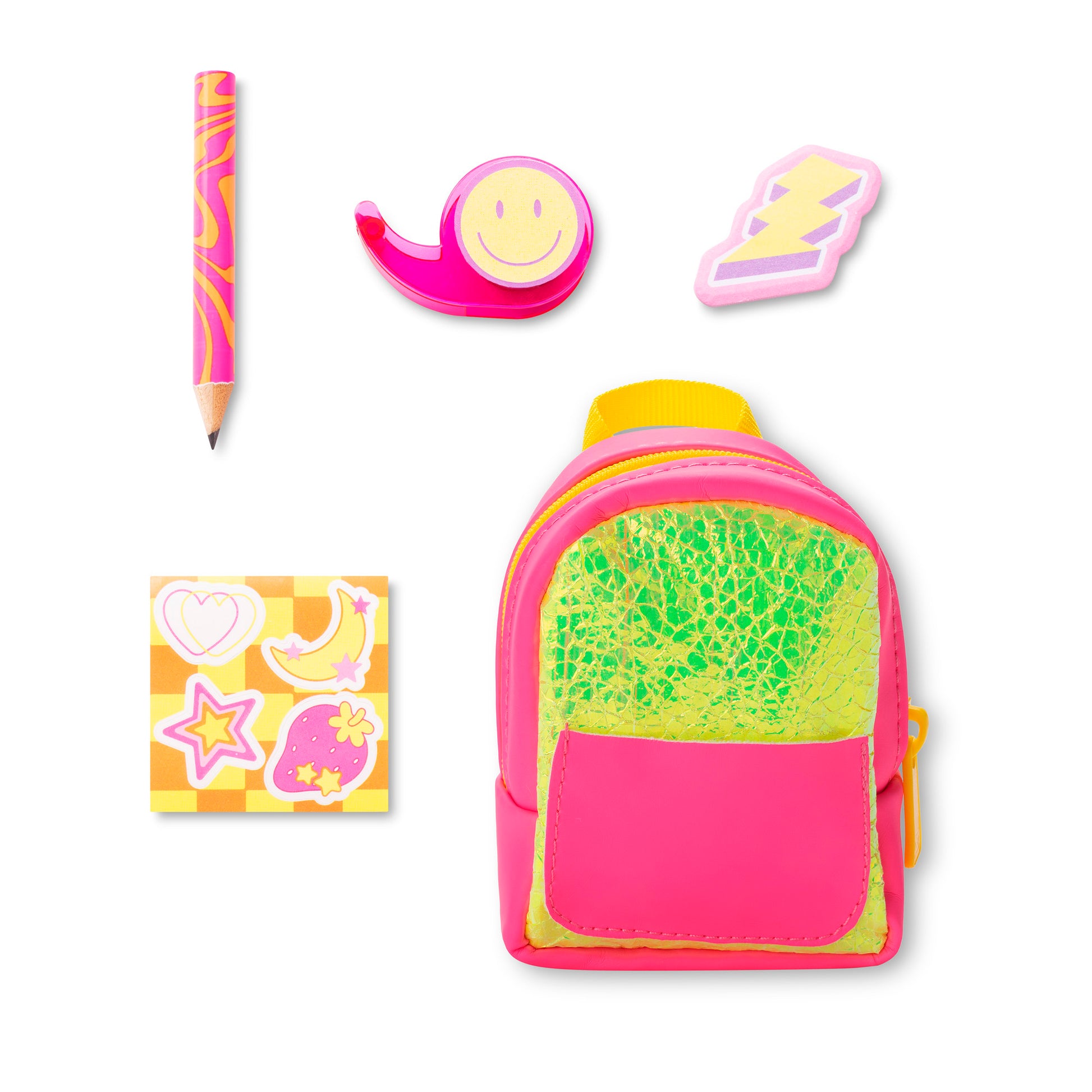 Set of colorful stationery items including a backpack, pen, tape, and stickers on a white background
