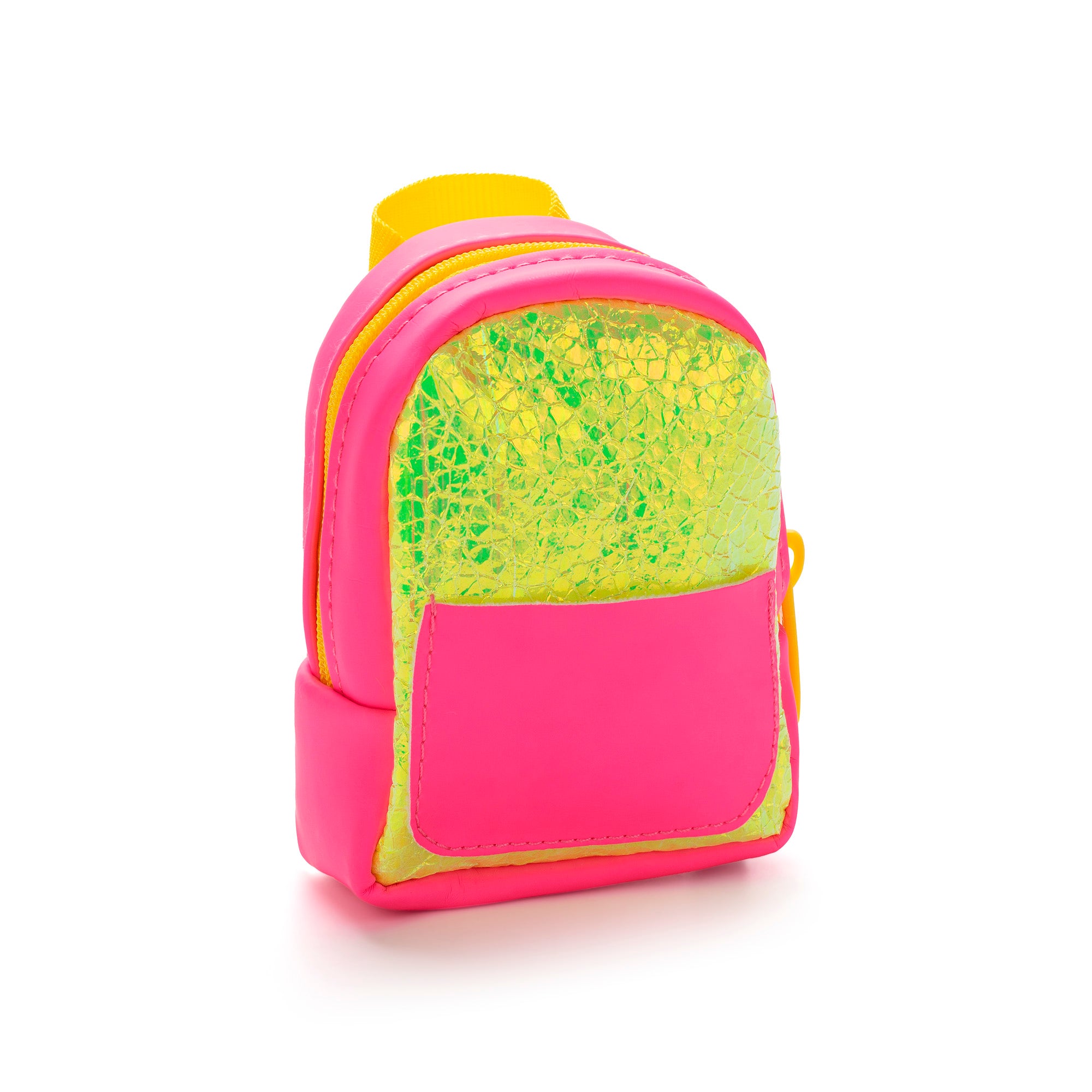 Small pink and yellow backpack with a transparent front panel on a white background