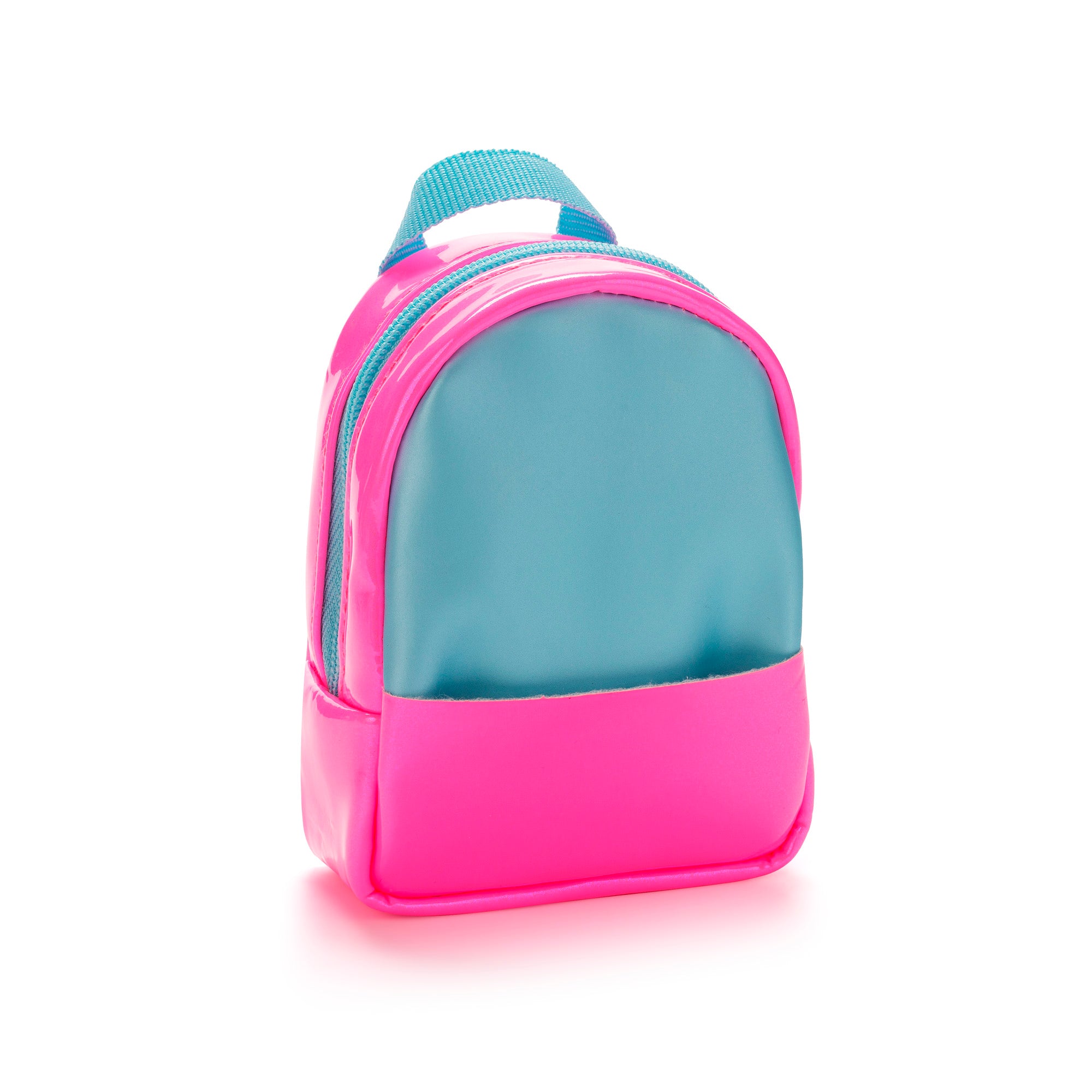 Small pink and blue backpack on a white background