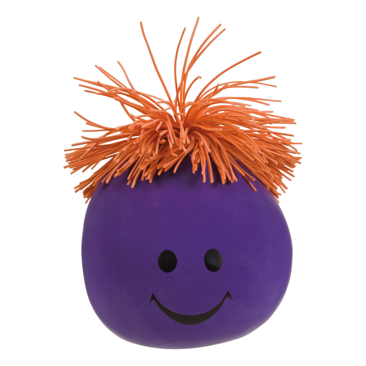 The Toysmith 2024 Neato! Pre-Filled Display features a purple stress ball with a smiling face, black eyes, and orange rubbery hair-like strands, showcased against a white background.