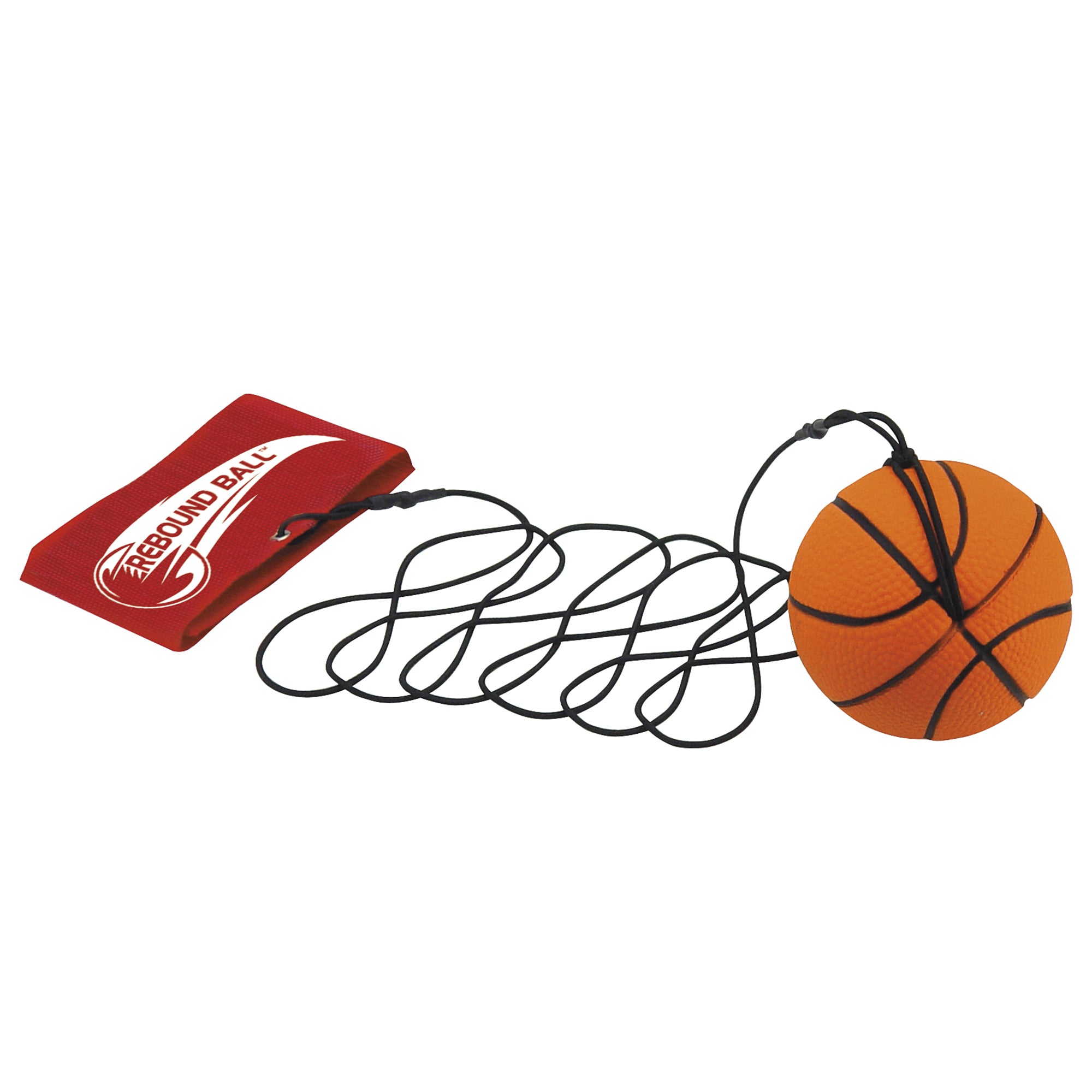 The Get Outside GO! Rebound Ball by Get Outside GO! is an orange basketball on a black elastic cord with a red wristband—an exciting outdoor toy for active play.