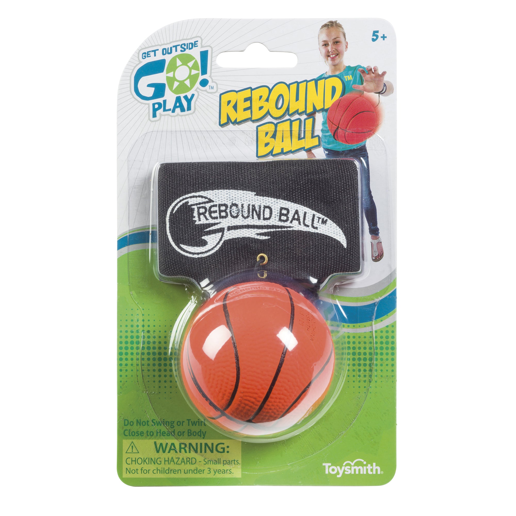 The Get Outside GO! Rebound Ball by Get Outside GO! is a fun outdoor toy featuring a small orange basketball on a black wristband with “REBOUND BALL” text. Packaging includes a choking hazard warning.