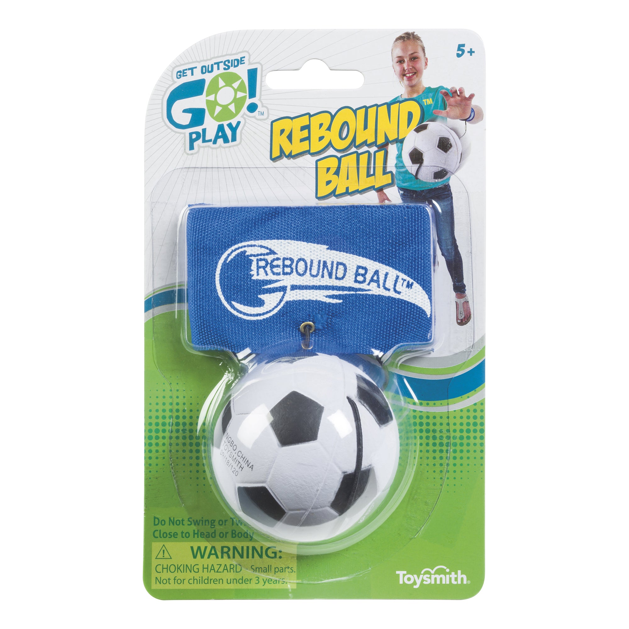 The Get Outside GO! Rebound Ball by Get Outside GO! is an outdoor toy for kids 5+, featuring a black and white soccer ball wristband on a blue strap. The packaging displays a smiling child with the soccer ball.
