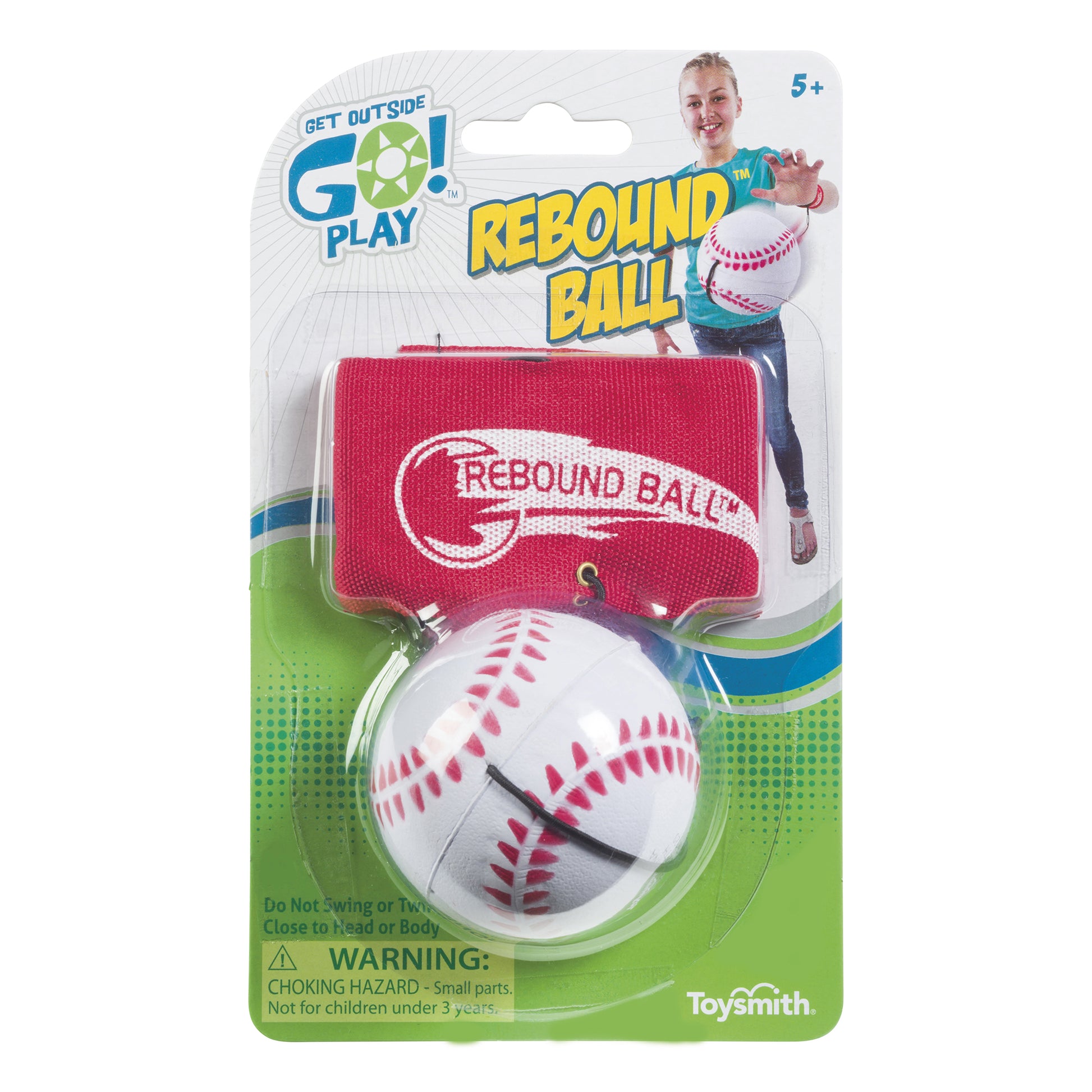 The Get Outside GO! Rebound Ball by Get Outside GO! is an outdoor toy with a white and red ball attached to a red band and wristband. The packaging features a smiling child at play and includes safety warnings.