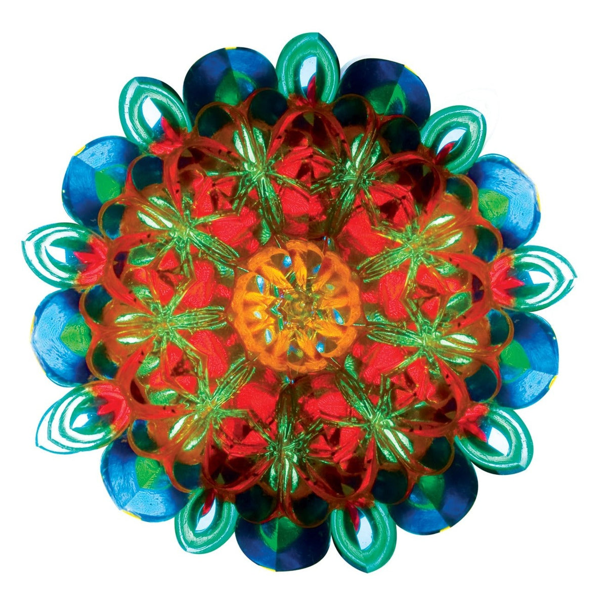 The Neato! Old World Kaleidoscope by Neato! features a vibrant, symmetrical mandala of red, green, blue, and yellow layers with petal and geometric shapes for a vintage-inspired look on a white background.