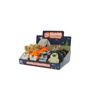 A display box labeled Tree Huggers Series 1 contains small, sensory plush animal toys in bunny, fox, and bear designs with various faces and colors. The box features playful outdoor graphics for added stress relief fun.