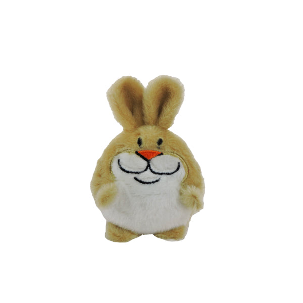 A small, round Tree Huggers Series 1 plush bunny with tan fur, a white belly and face, an orange nose, big ears, and a black-stitched smile stands upright against a plain white background—ideal for sensory stress relief.