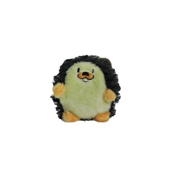 Tree Huggers Series 1: A small, round plush toy resembling a hedgehog with light yellow fur, black back, and orange feet. Features a simple stitched face, brown nose, and small smile for stress relief as a soft sensory plush.