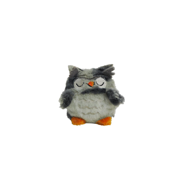 The Tree Huggers Series 1 is a small sensory plush owl toy with closed eyes, gray and white fur, an orange beak and feet—ideal for stress relief.