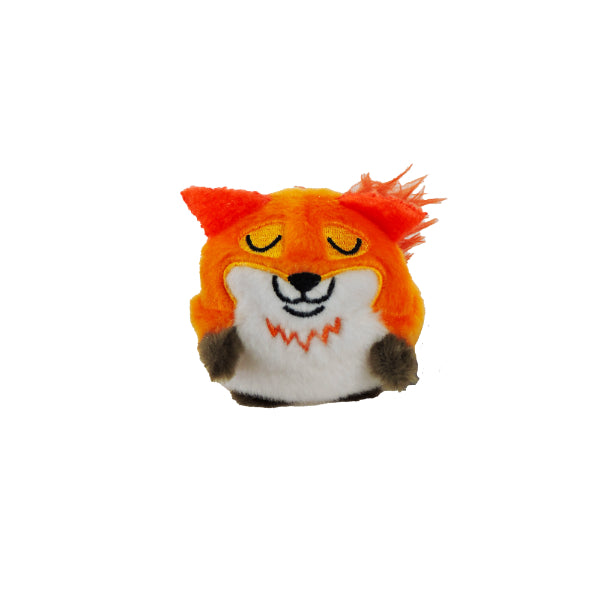 The Tree Huggers Series 1 plush is a round, fox-like toy with orange and white fur, embroidered eyes, a smiling mouth, brown paws, and playful ears—one up, one bent. Its soft texture offers soothing stress relief.