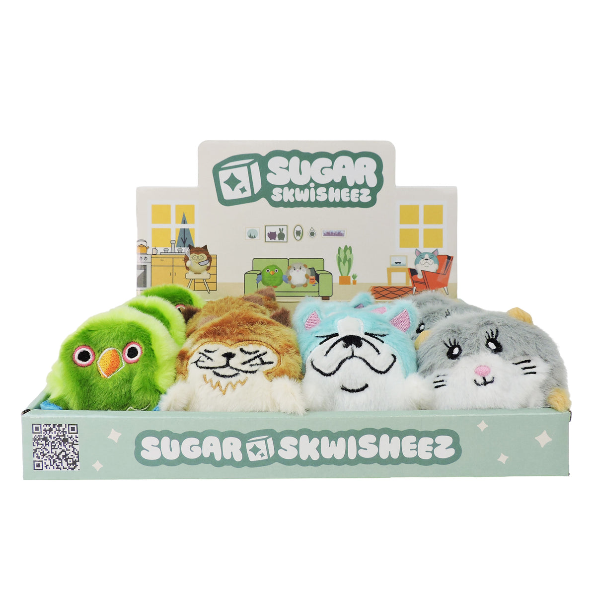 A Sugar Skwisheez Home Bodies display box by Sugar Skwisheez holds four plush fidget toys—a green bird, lion, white and blue dog, and gray cat—set against a playful cartoon room background.