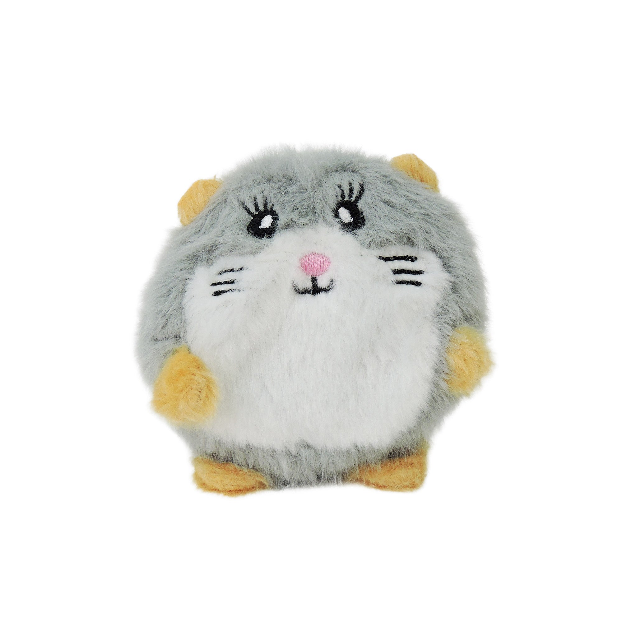 The Sugar Skwisheez: Home Bodies by Sugar Skwisheez is a round, squishable toy hamster with soft gray and white fur, yellow ears, paws, and feet, black whiskers, large embroidered eyes, and a pink nose.