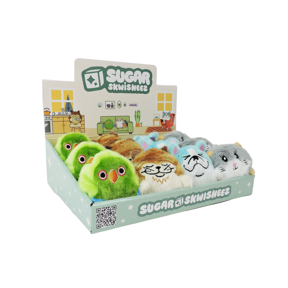A display box labeled Sugar Skwisheez Home Bodies by Sugar Skwisheez holds colorful, squishy animal-face plush fidget toys in green, brown, blue, and gray, neatly arranged in rows.