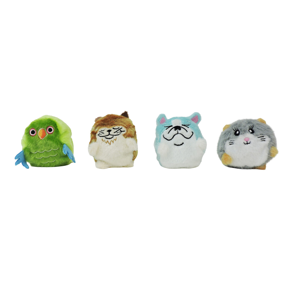 Four Sugar Skwisheez Home Bodies plush toys by Sugar Skwisheez—green bird, brown and white cat, blue and white dog, and gray and white hamster with orange cheeks—are lined up in a row against a white background.