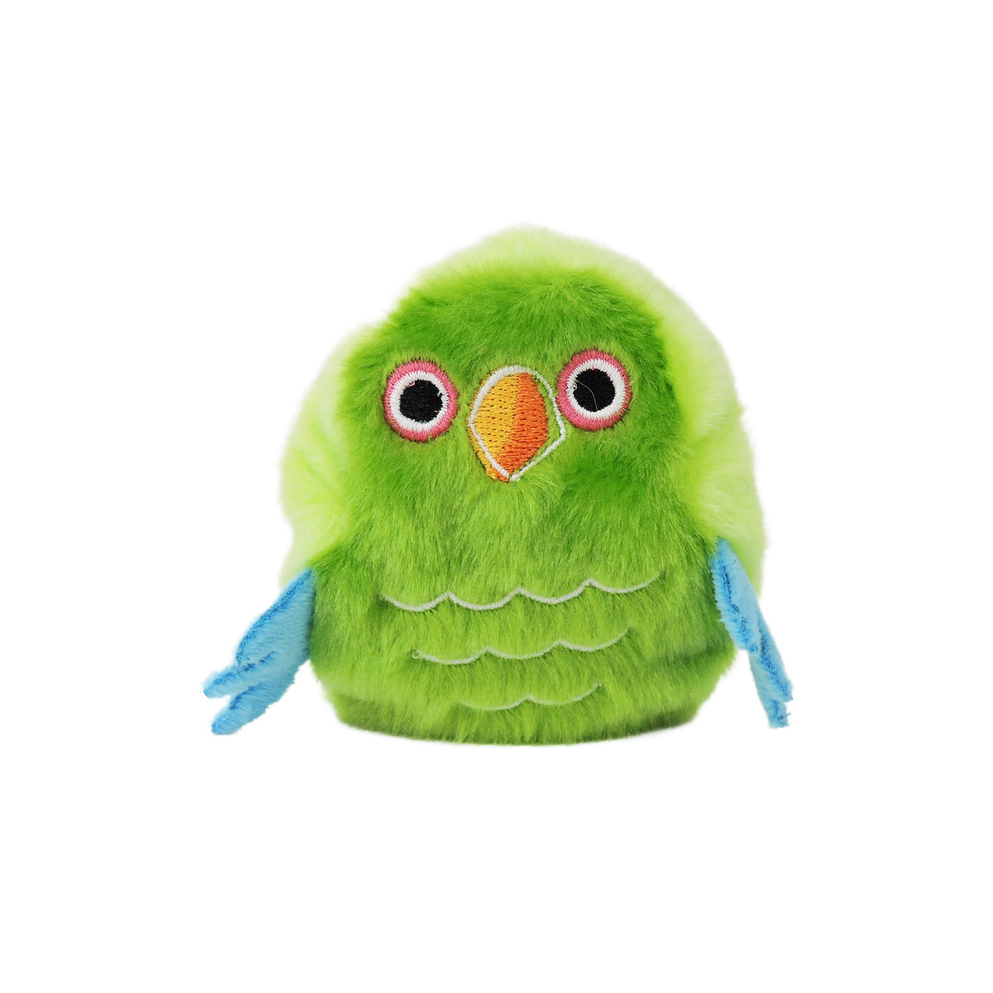 The Sugar Skwisheez: Home Bodies plush fidget by Sugar Skwisheez is a small, squishable green bird toy with blue wings, an orange and yellow beak, pink-rimmed eyes, and embroidered feather details shown upright against a white background.