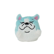 The Sugar Skwisheez: Home Bodies plush by Sugar Skwisheez is a bulldog toy with light blue fur, white face and body, closed eyes, black embroidered details, and pink inner ears, shown on a white background.