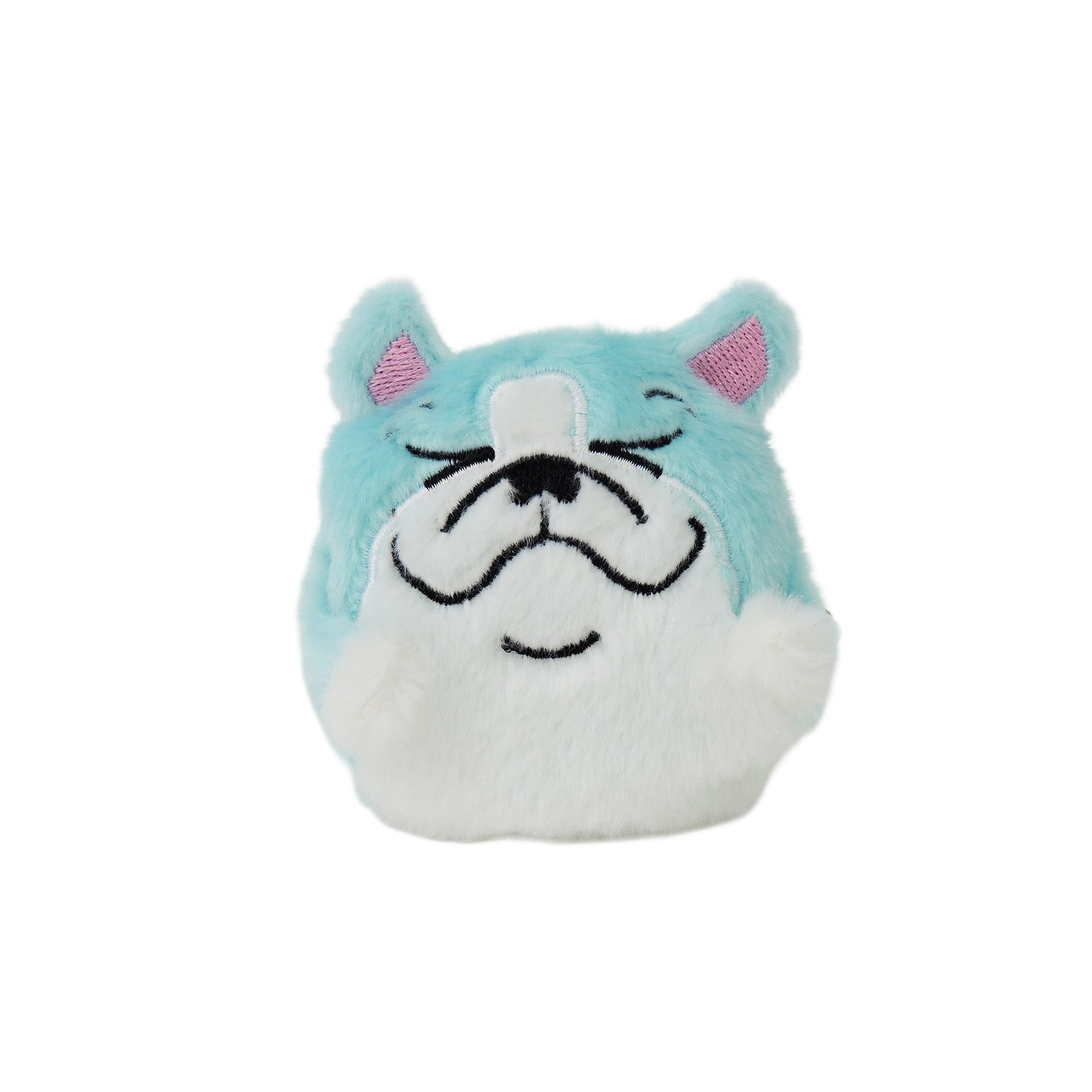 The Sugar Skwisheez: Home Bodies plush by Sugar Skwisheez is a bulldog toy with light blue fur, white face and body, closed eyes, black embroidered details, and pink inner ears, shown on a white background.