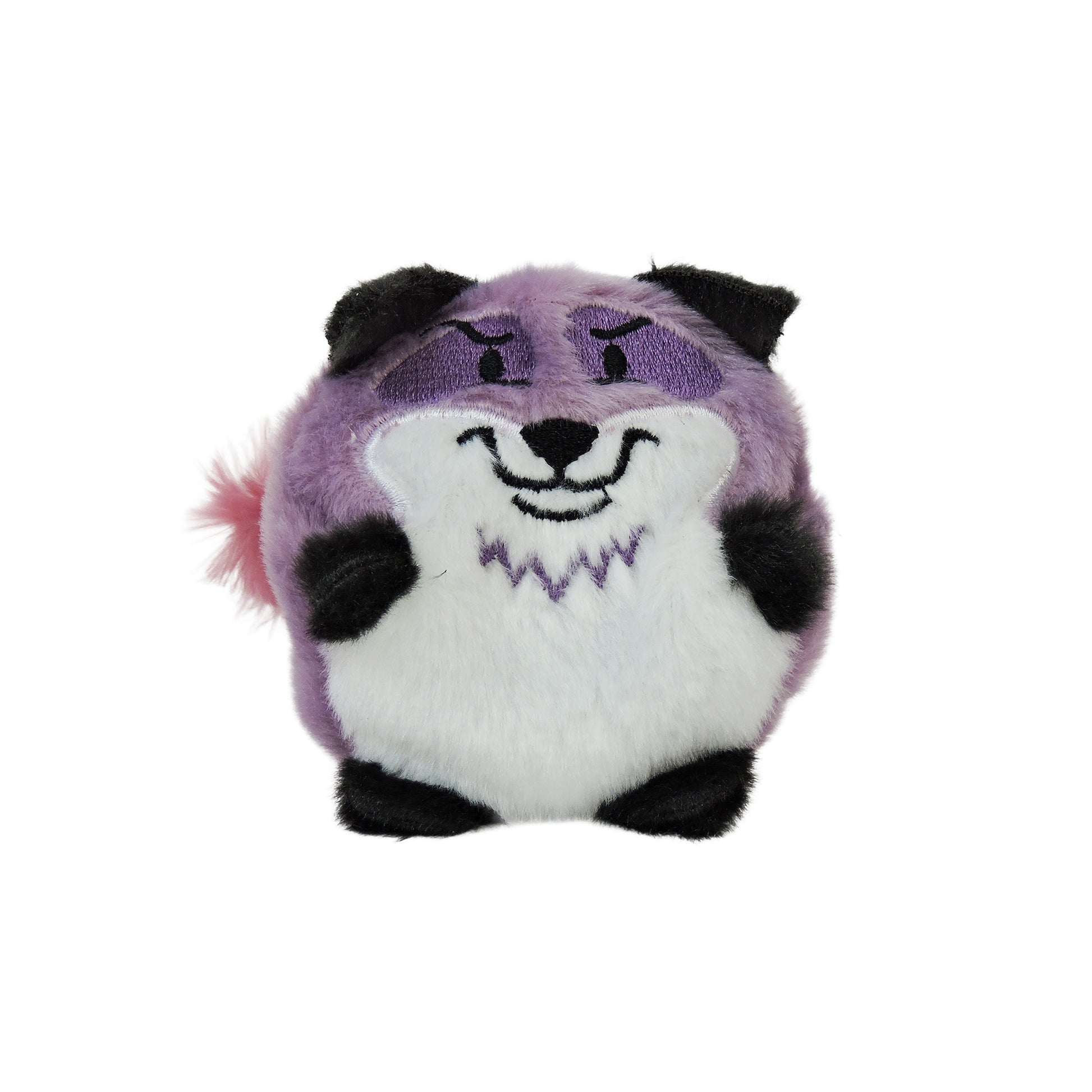 The Sugar Skwisheez: Dumpster Divers by Sugar Skwisheez is a round, plush, purple and white fox with black ears, paws, and face details, a fluffy pink tail, a smiling face, and soft texture for sensory delight.
